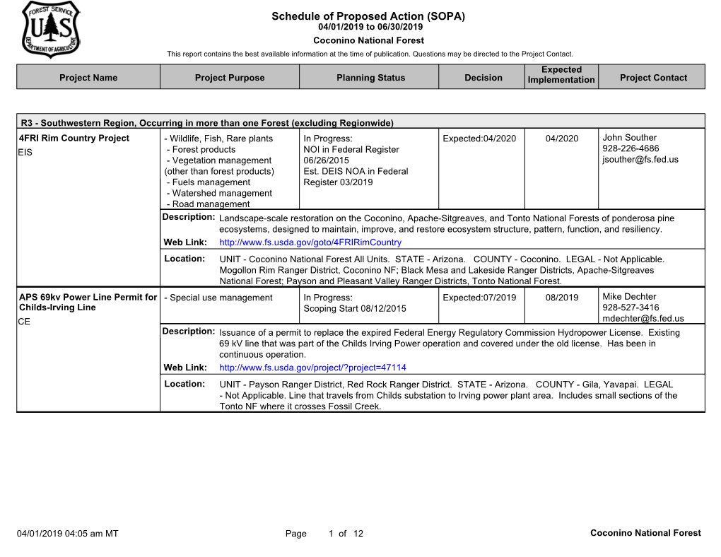 Schedule of Proposed Action (SOPA) 04/01/2019 to 06/30/2019 Coconino National Forest This Report Contains the Best Available Information at the Time of Publication