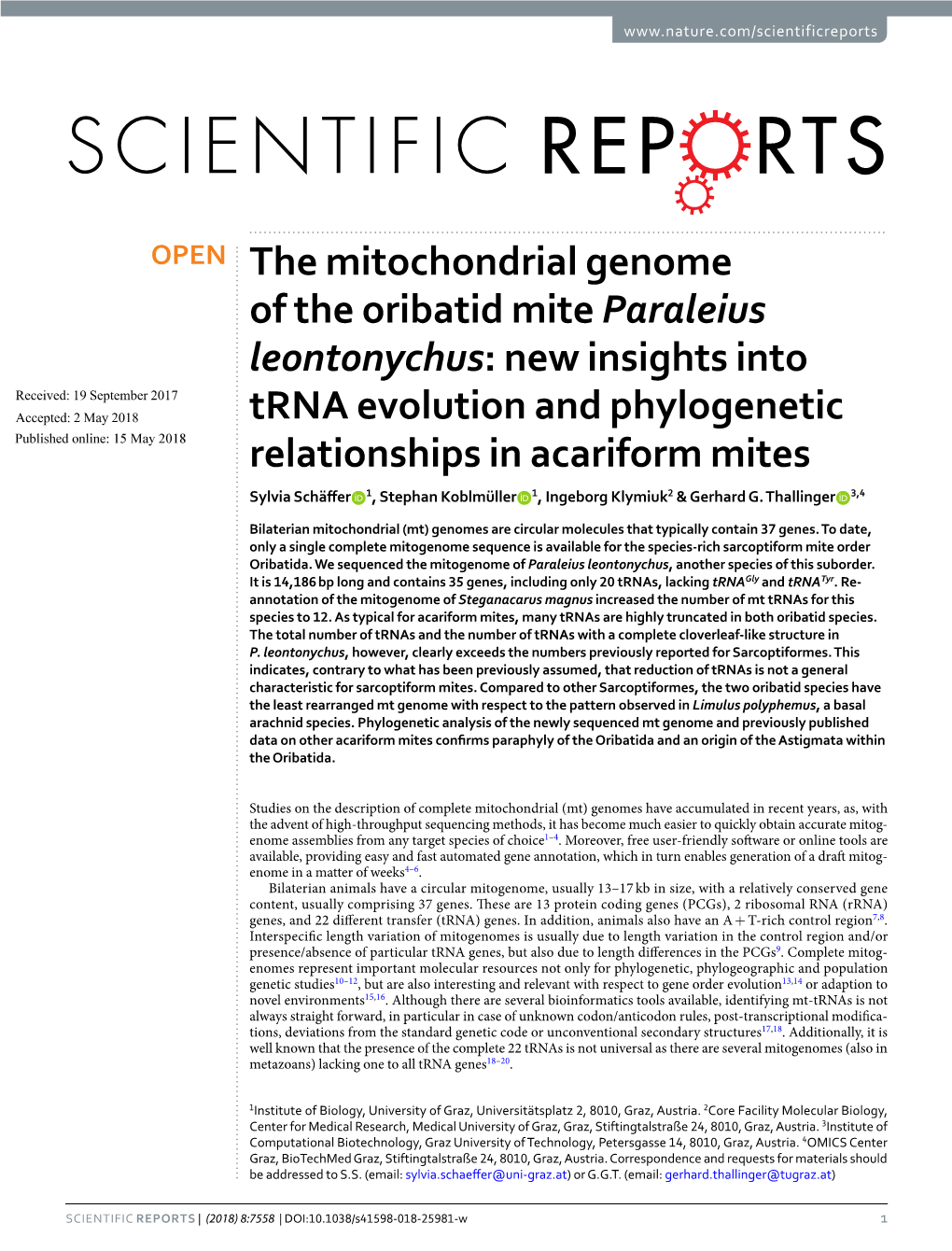 The Mitochondrial Genome of the Oribatid Mite Paraleius