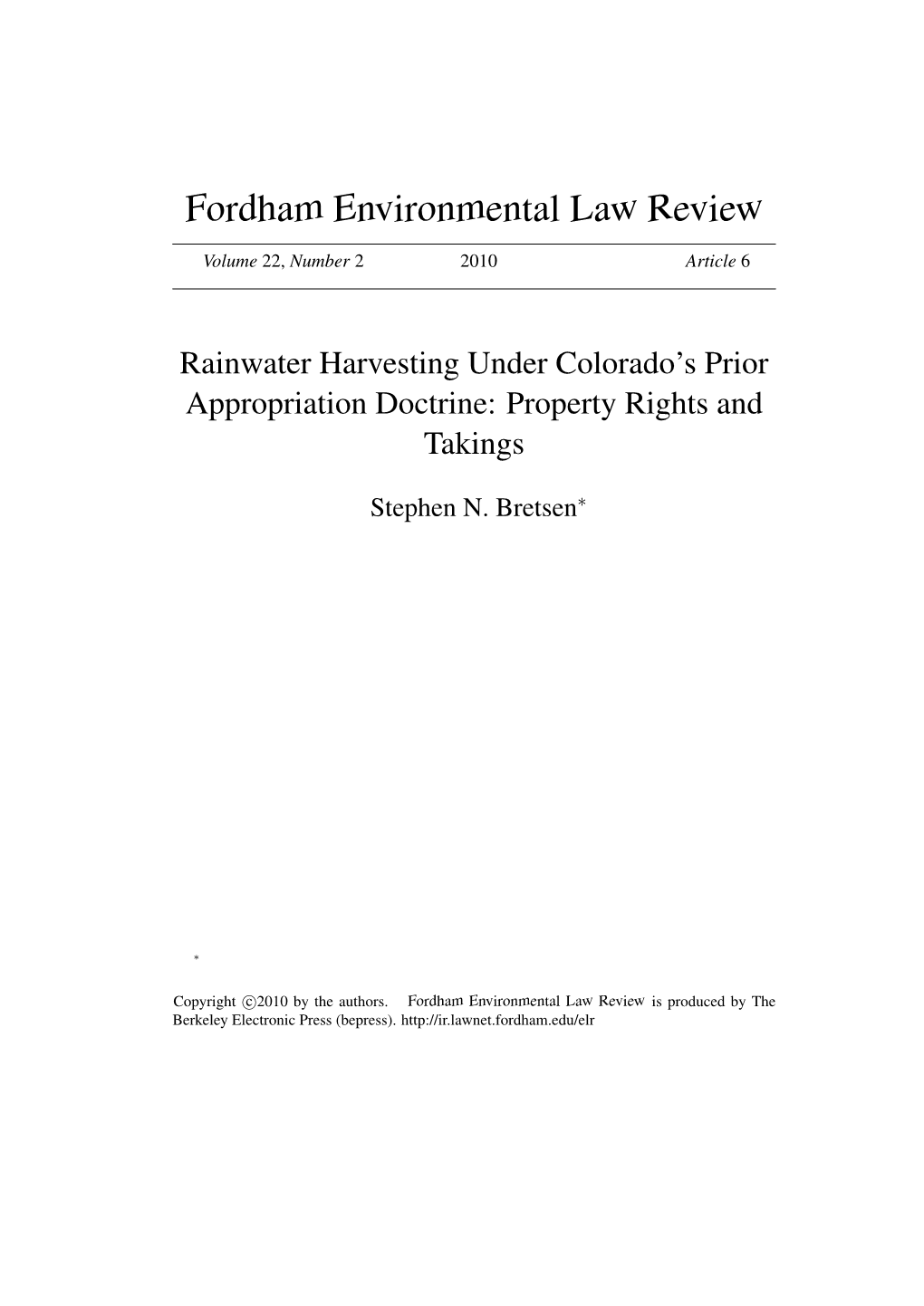 Rainwater Harvesting Under Colorado's Prior Appropriation Doctrine: Property Rights and Takings