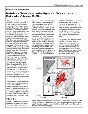 Preliminary Observations on the Niigata Ken Chuetsu, Japan, Earthquake of October 23, 2004
