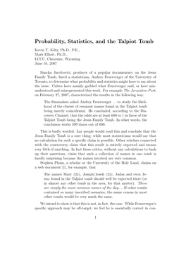 Probability, Statistics, and the Talpiot Tomb