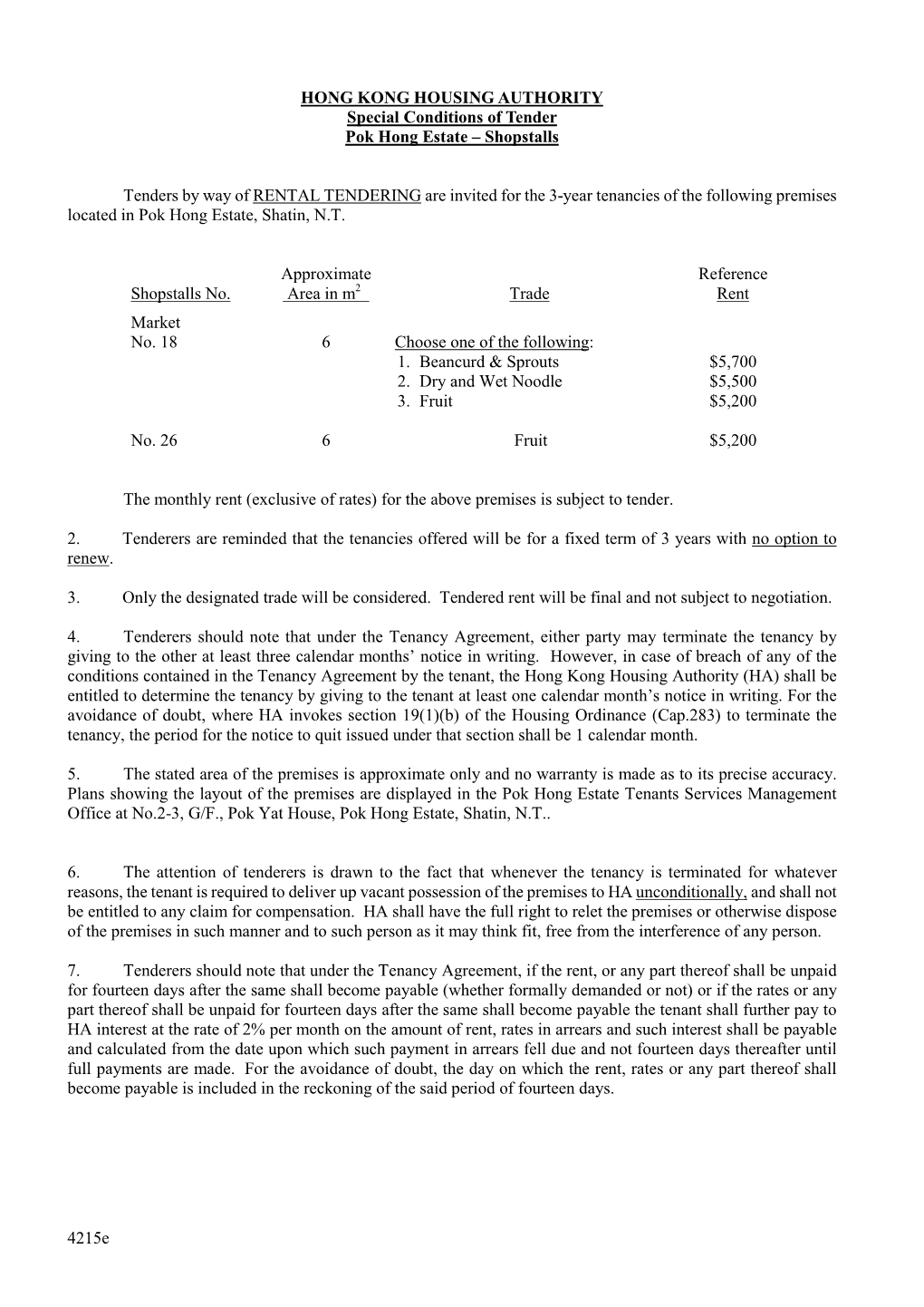 Special Conditions of Tender Pok Hong Estate – Shopstalls