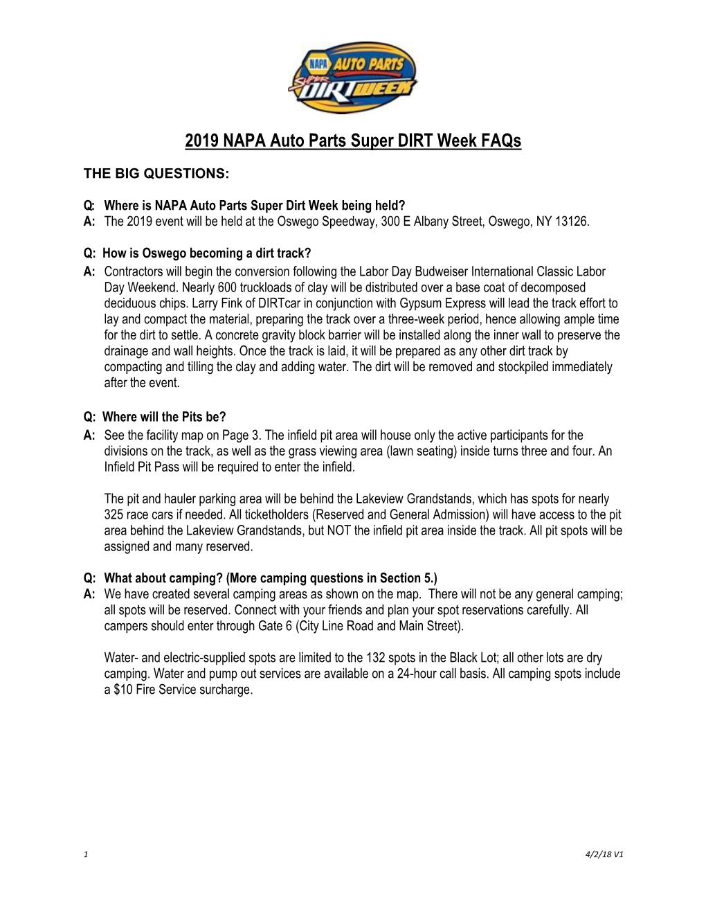 2019 NAPA Auto Parts Super DIRT Week Faqs