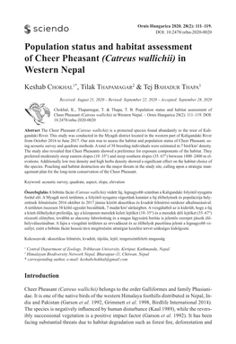 Catreus Wallichii) in Western Nepal