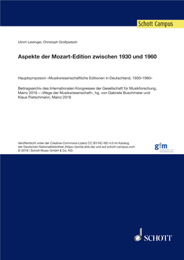 Aspekte Der Mozart-Edition Zwischen 1930 Und 1960