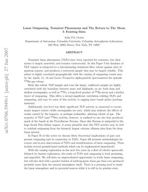 Lunar Outgassing, Transient Phenomena and the Return to the Moon, III: Observational and Experimental Techniques” Crotts, A.P.S