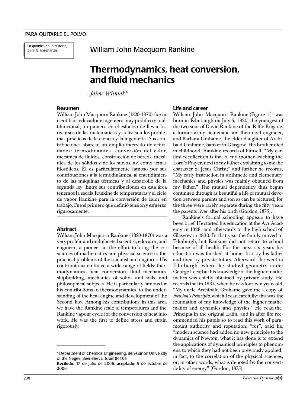 Thermodynamics, Heat Conversion, and Fluid Mechanics Jaime Wisniak*