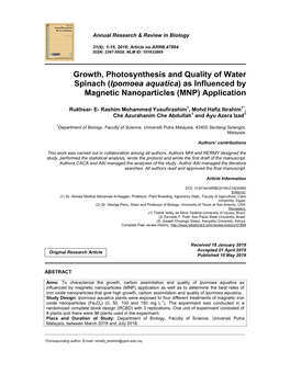 Growth, Photosynthesis and Quality of Water Spinach (Ipomoea Aquatica) As Influenced by Magnetic Nanoparticles (MNP) Application