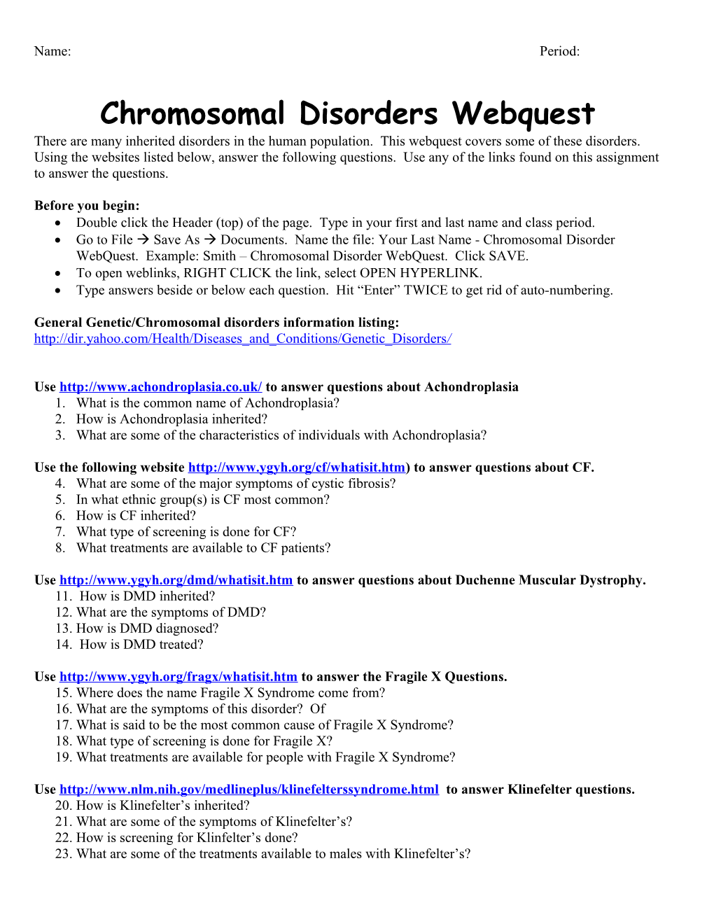 Genetic Disorder Webquest