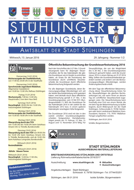 STADT STÜHLINGEN Mittwoch (20.01.2016) AUSSCHREIBUNG MATERIALLIEFERUNG Abfuhr Blauen Tonne