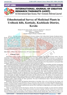 Ethnobotanical Survey of Medicinal Plants in Urdhook Hills, Kuttiady, Kozhikode District, Kerala