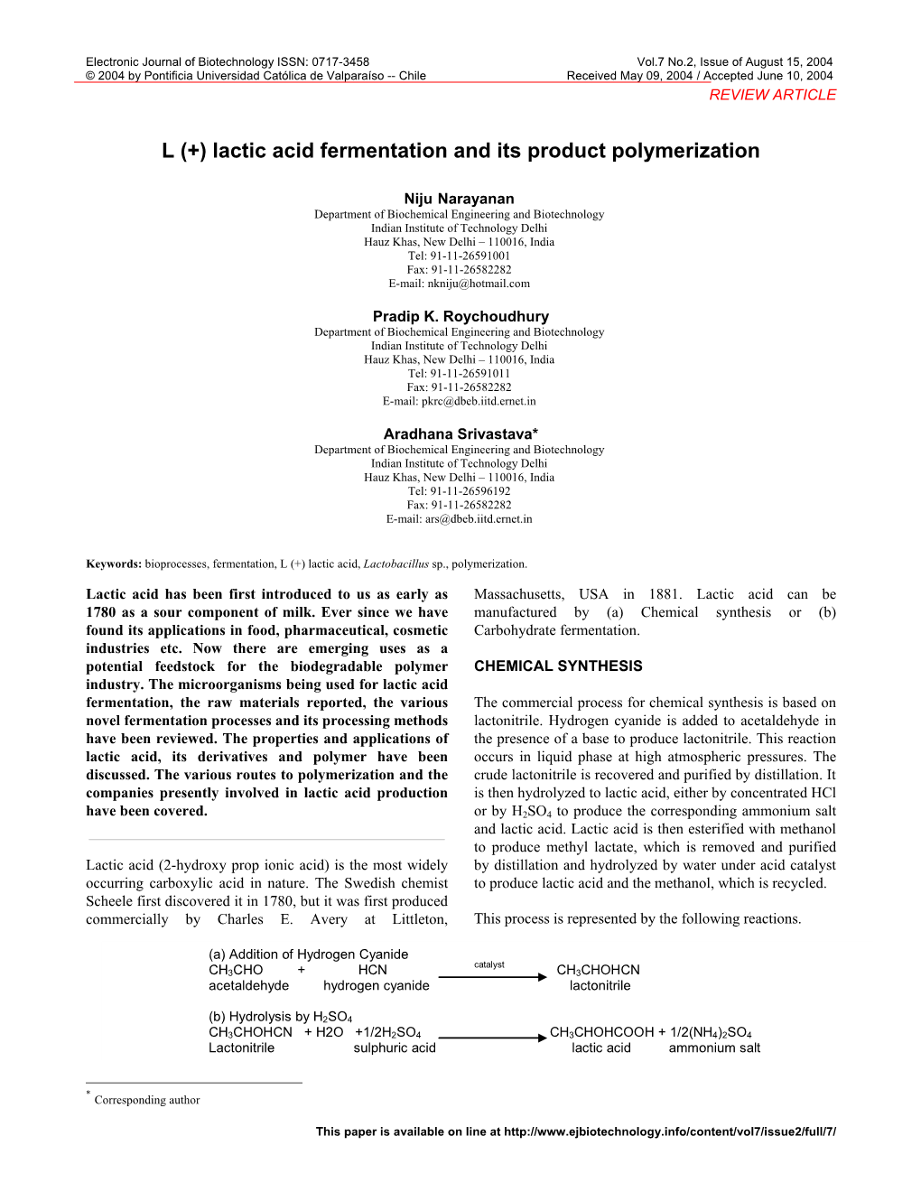 L (+) Lactic Acid Fermentation and Its Product Polymerization