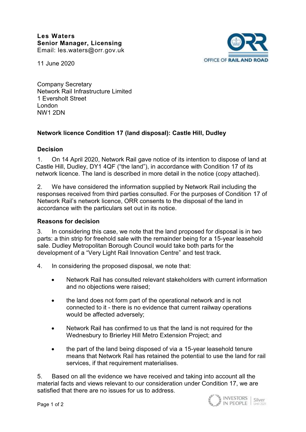 C17 Land Disposal Notice- Castle Hill Dudley Decision Letter