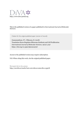 Translation Stress Regulates Ribosome Synthesis and Cell Proliferation International Journal of Molecular Sciences, 19(12): 3757