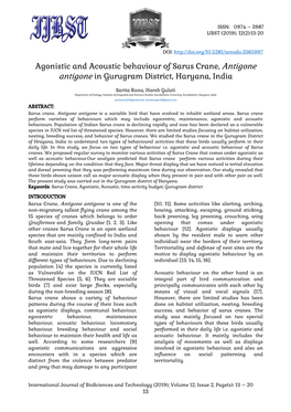 Agonistic and Acoustic Behaviour of Sarus Crane, Antigone Antigone in Gurugram District, Haryana, India