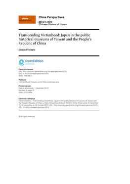 Transcending Victimhood: Japan in the Public Historical Museums of Taiwan and the People's Republic of China