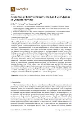 Responses of Ecosystem Service to Land Use Change in Qinghai Province