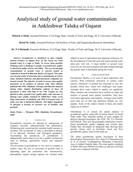 Analytical Study of Ground Water Contamination in Ankleshwar Taluka of Gujarat