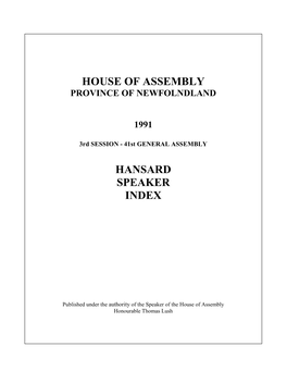 House of Assembly Hansard Speaker Index
