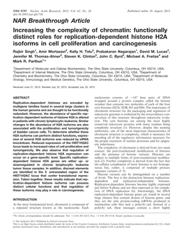Functionally Distinct Roles for Replication-Dependent Histone H2A Isoforms in Cell Proliferation and Carcinogenesis Rajbir Singh1, Amir Mortazavi2, Kelly H