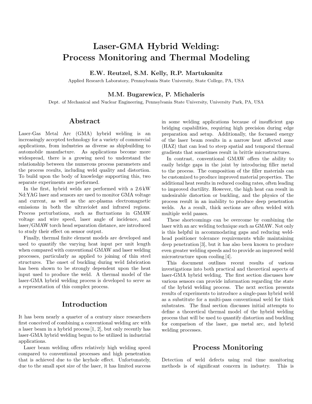 Laser-GMA Hybrid Welding: Process Monitoring and Thermal Modeling
