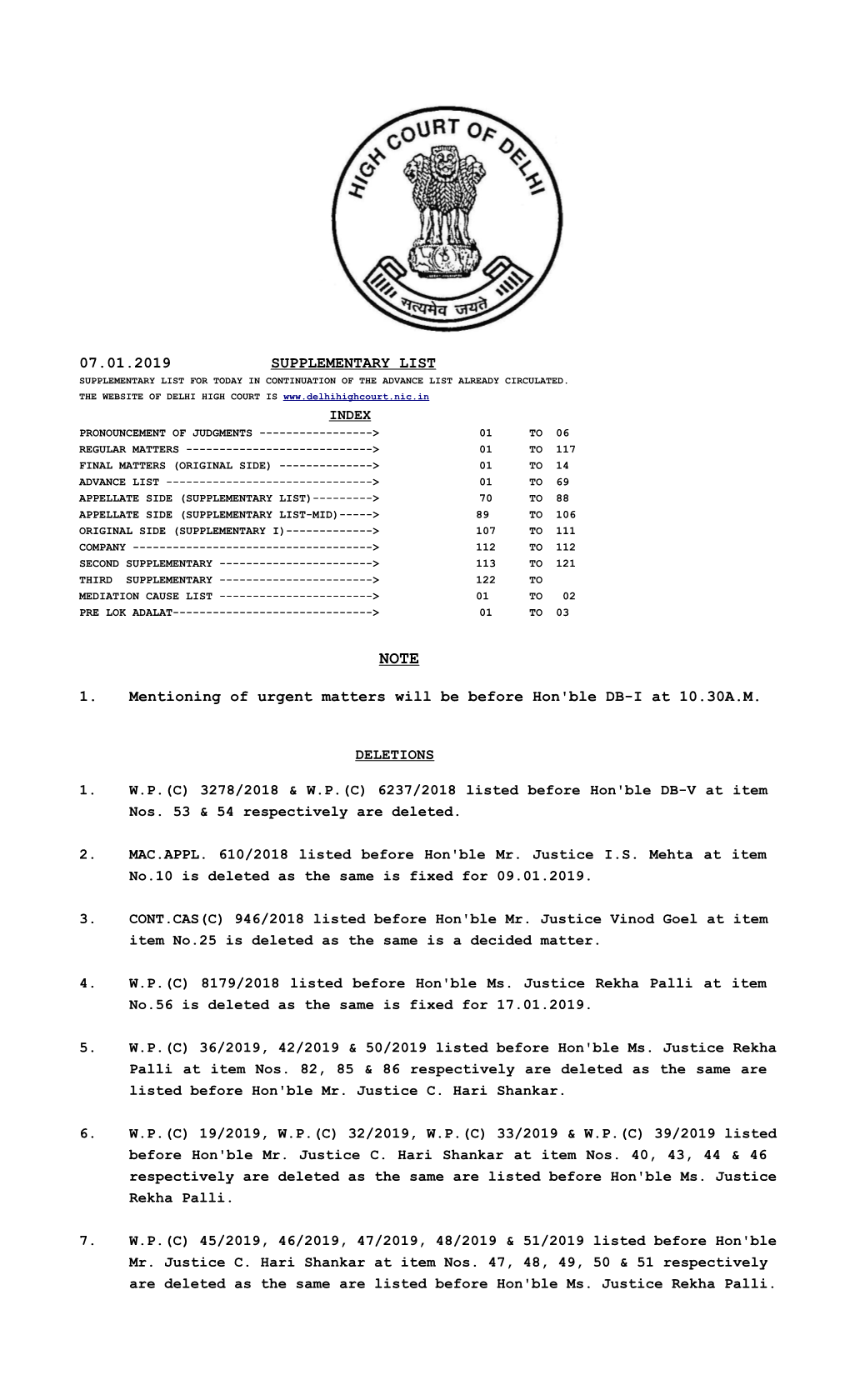 07.01.2019 SUPPLEMENTARY LIST 1. Mentioning of Urgent Matters Will