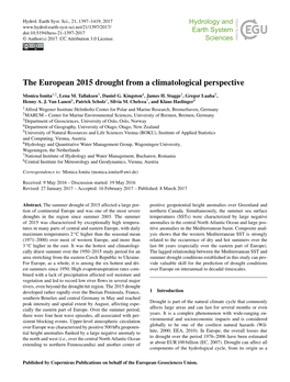 Article Is Available Online the Eastern Part of Europe), with the Western Mediter- at Doi:10.5194/Hess-21-1397-2017-Supplement