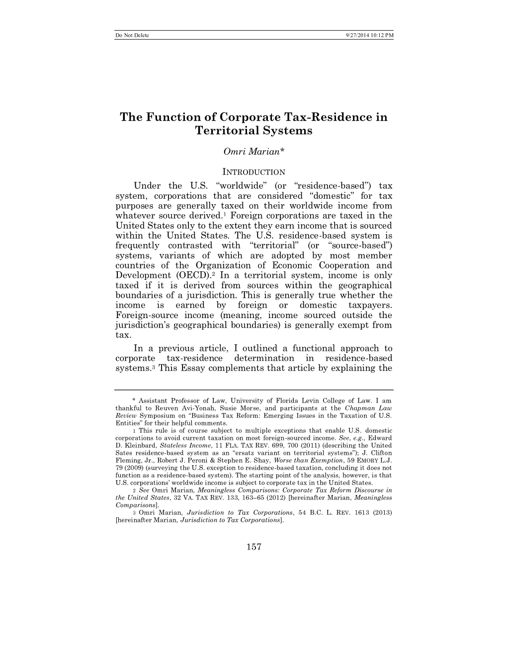 The Function of Corporate Tax-Residence in Territorial Systems