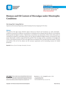 Biomass and Oil Content of Microalgae Under Mixotrophic Conditions