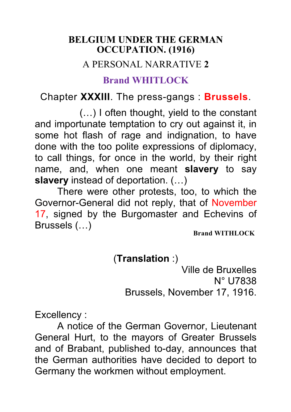 BELGIUM UNDER the GERMAN OCCUPATION. (1916) a PERSONAL NARRATIVE 2 Brand WHITLOCK Chapter XXXIII