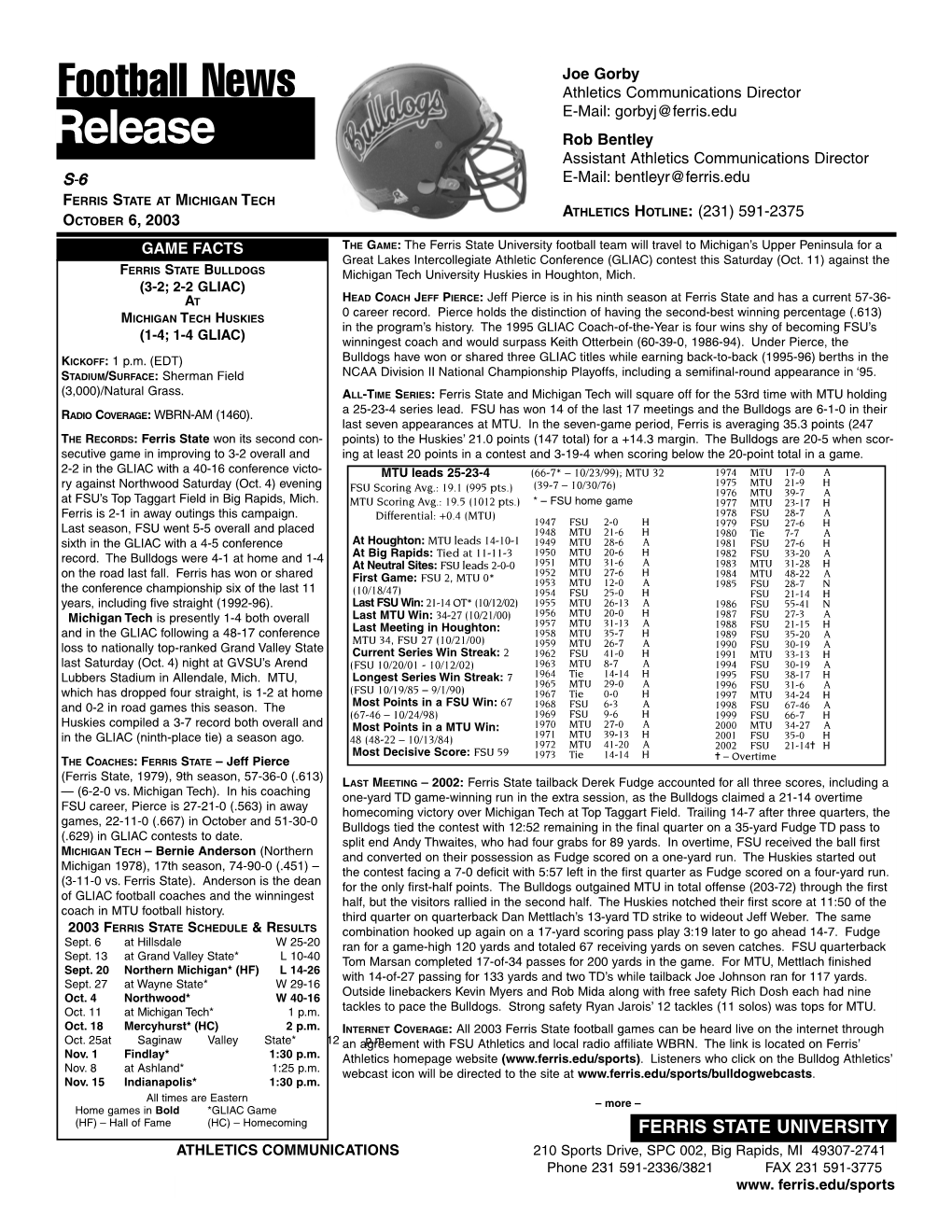 2003 Michigan Tech Football Release.Qxd