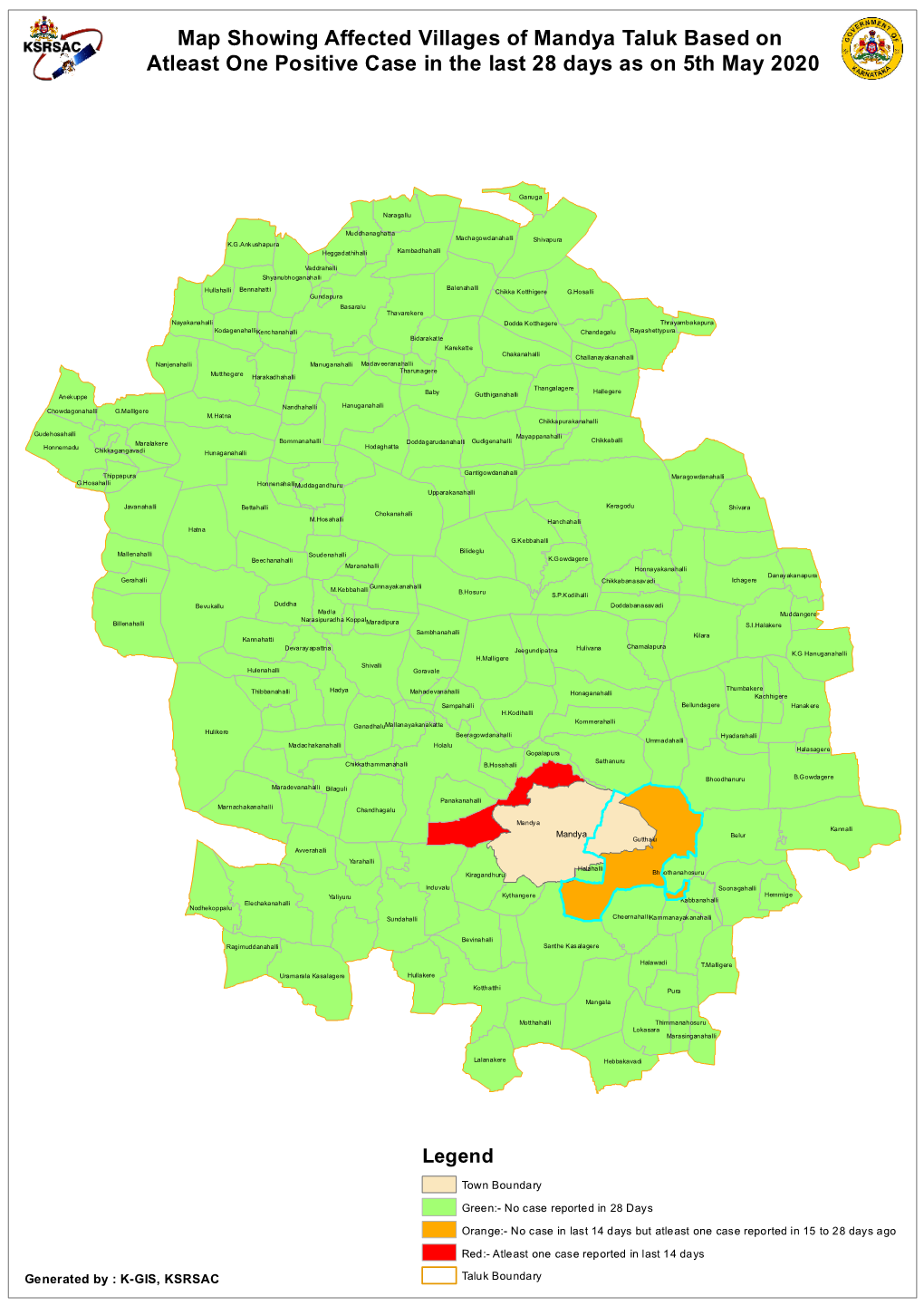 Map Showing Affected Villages of Mandya Taluk Based on Atleast One Positive Case in the Last 28 Days As on 5Th May 2020