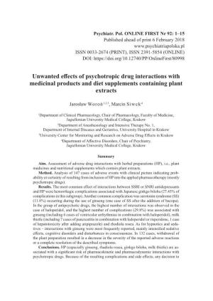 Unwanted Effects of Psychotropic Drug Interactions with Medicinal Products and Diet Supplements Containing Plant Extracts