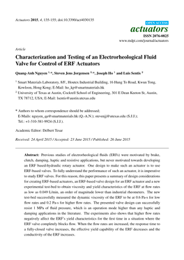Characterization and Testing of an Electrorheological Fluid Valve for Control of ERF Actuators