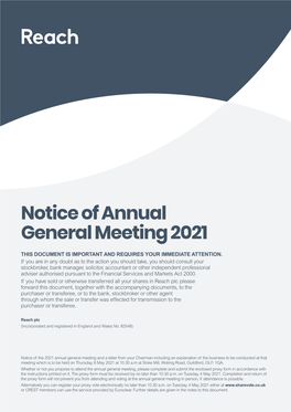 Notice of Annual General Meeting 2021 THIS DOCUMENT IS IMPORTANT and REQUIRES YOUR IMMEDIATE ATTENTION