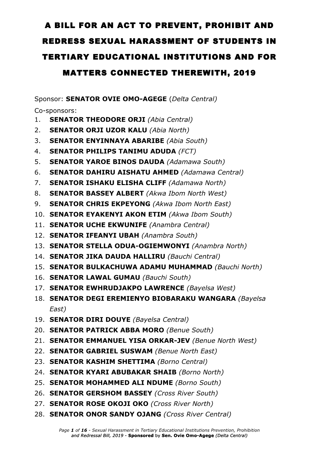 Anti-Sexual Harassment in Tertiary Bill, 2019