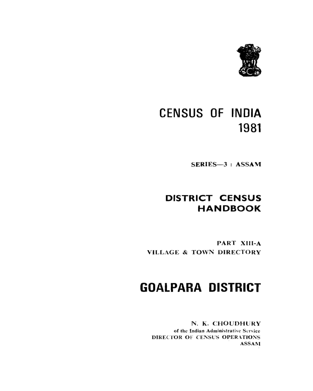 Village & Town Directory, Goalpara, Part XIII-A, Series-3, Assam