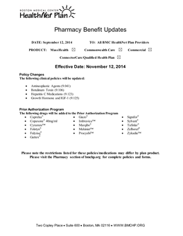 Pharmacy Benefit Updates
