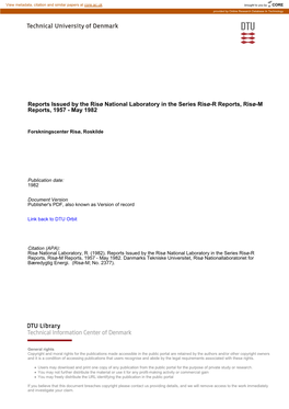 Risø National Laboratory in the Series Risø-R Reports, Risø-M Reports, 1957 - May 1982