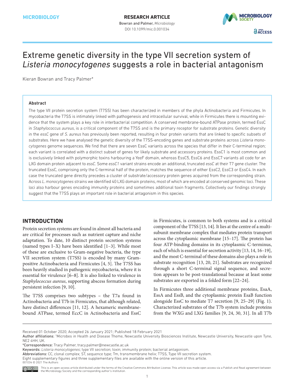 Extreme Genetic Diversity in the Type VII Secretion System of Listeria Monocytogenes Suggests a Role in Bacterial Antagonism