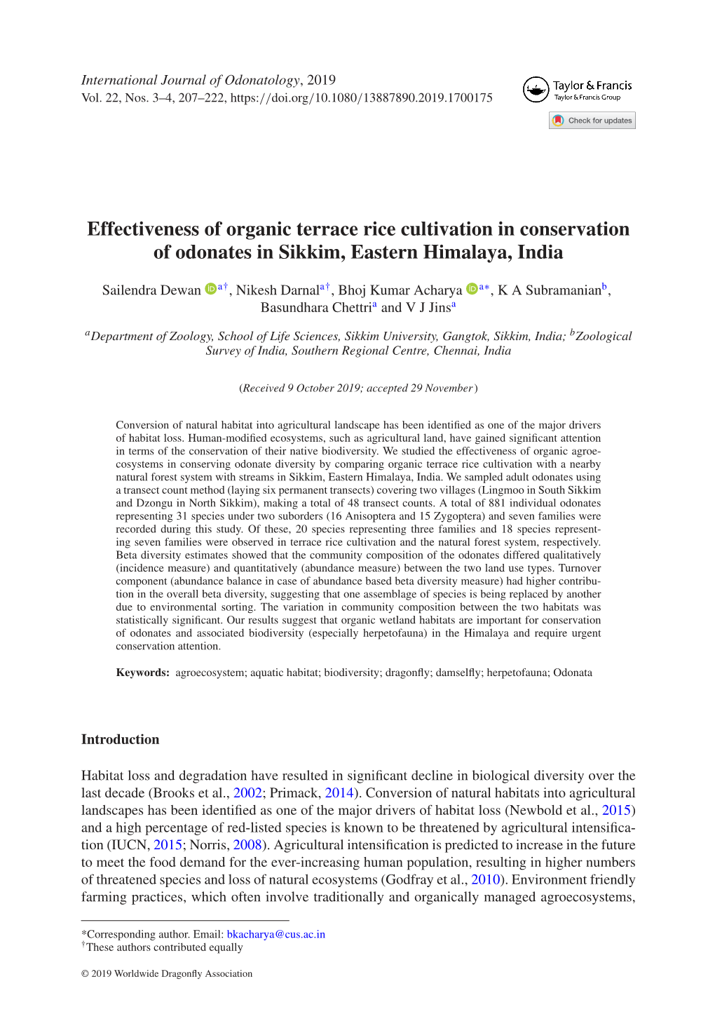 Effectiveness of Organic Terrace Rice Cultivation in Conservation of Odonates in Sikkim, Eastern Himalaya, India