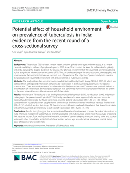 Potential Effect of Household Environment on Prevalence of Tuberculosis in India: Evidence from the Recent Round of a Cross-Sectional Survey S