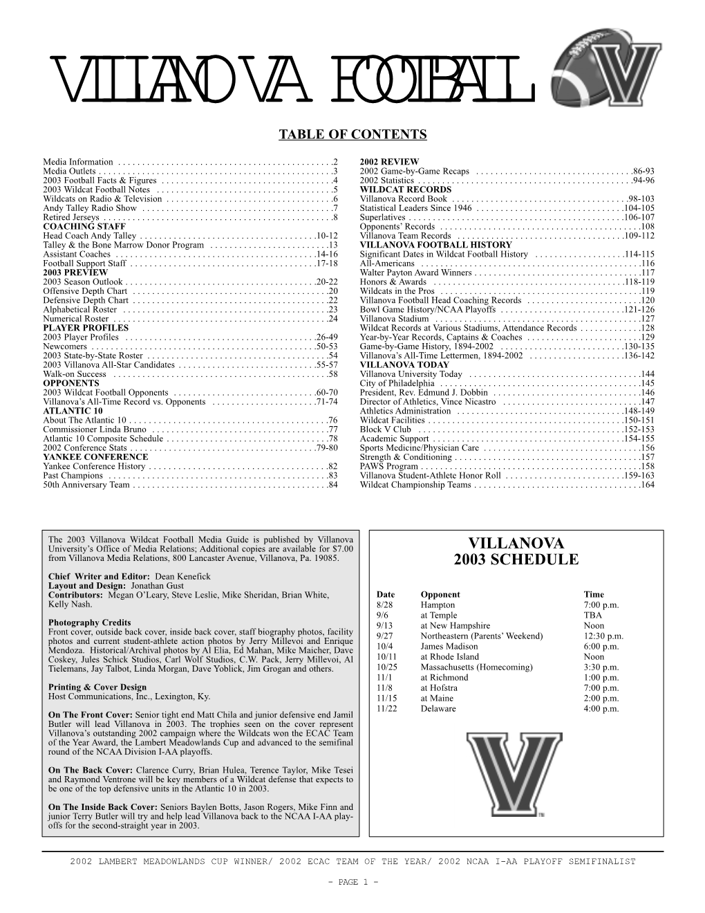 Villanova 2003 Schedule