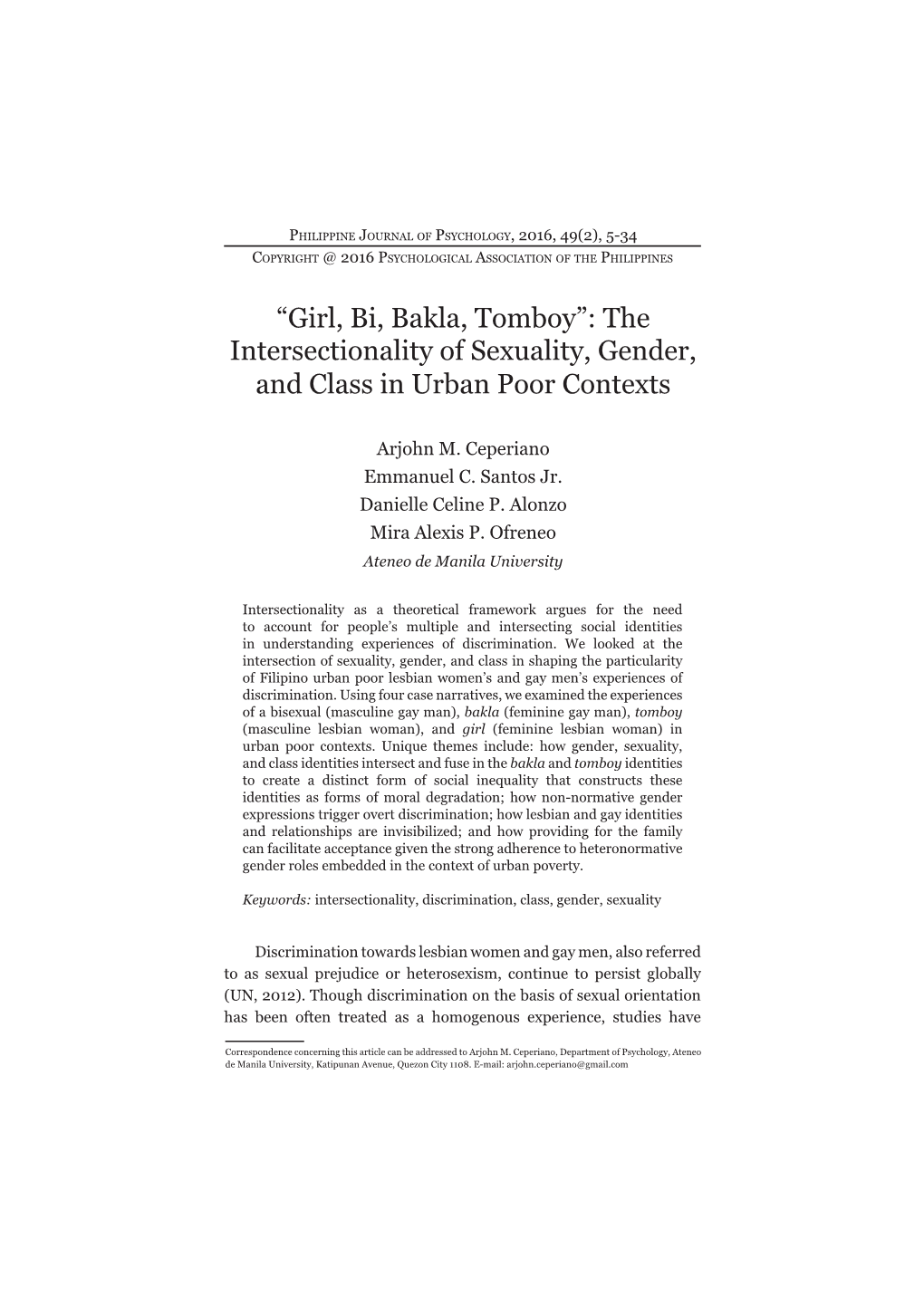 “Girl, Bi, Bakla, Tomboy”: the Intersectionality of Sexuality, Gender, and Class in Urban Poor Contexts