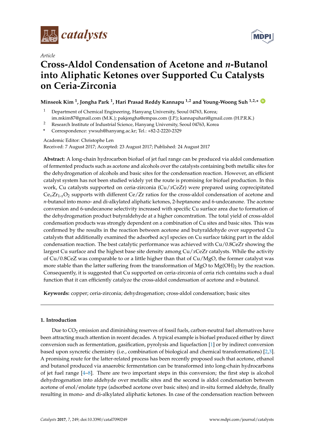 Cross-Aldol Condensation of Acetone and N-Butanol Into Aliphatic Ketones Over Supported Cu Catalysts on Ceria-Zirconia