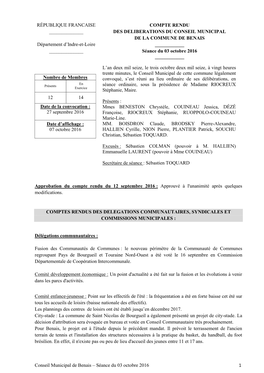 Conseil Municipal De Benais – Séance Du 03 Octobre 2016 1