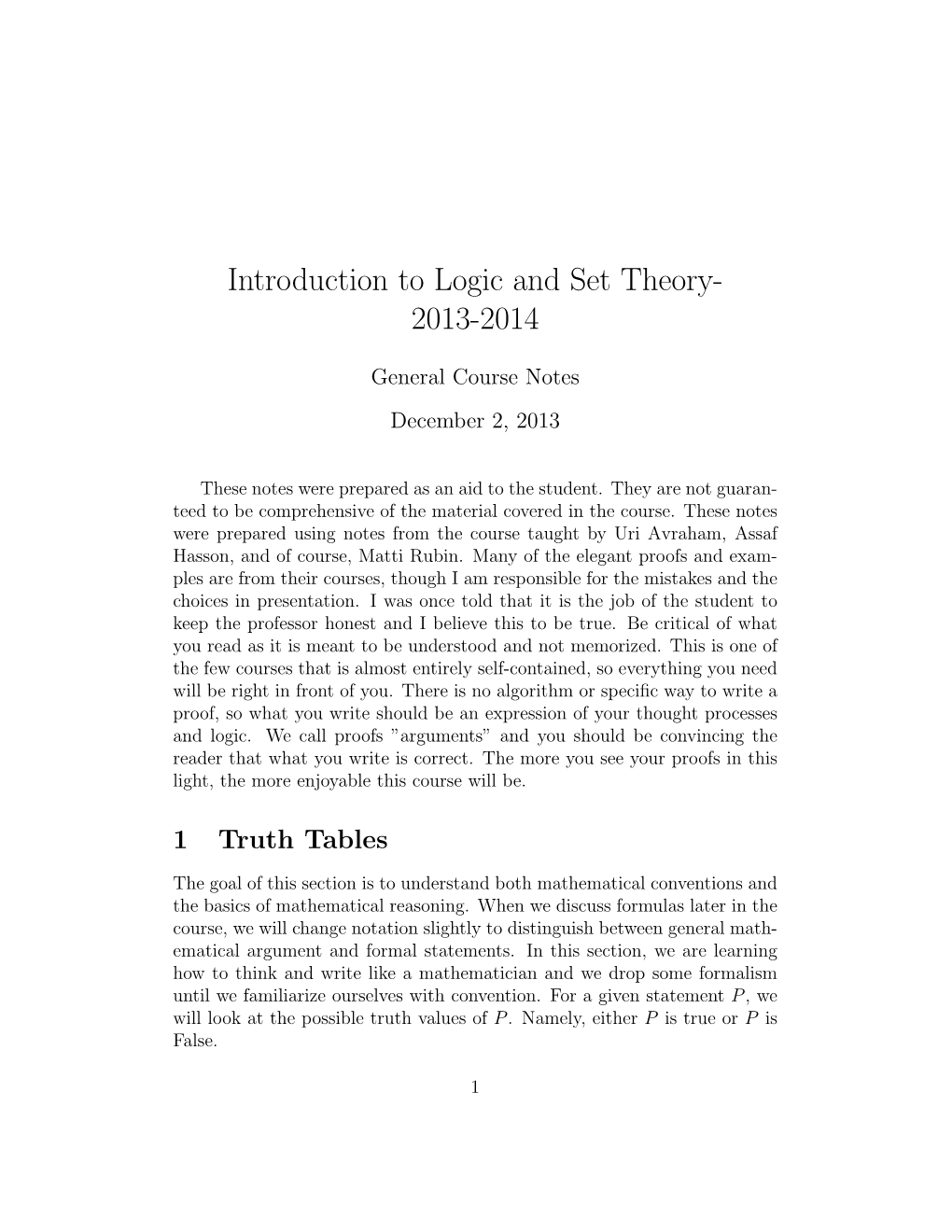 Introduction to Logic and Set Theory- 2013-2014