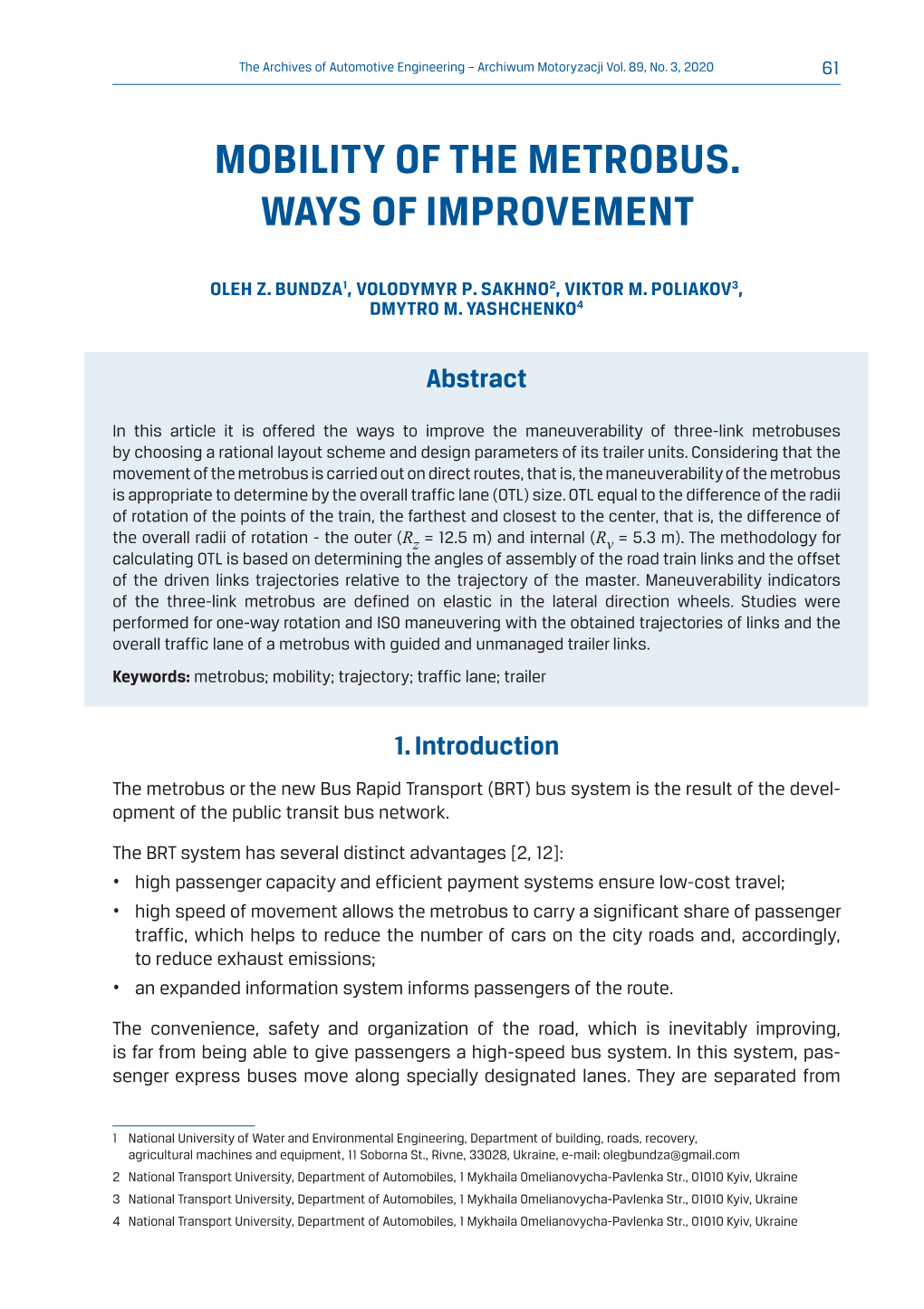 Mobility of the Metrobus. Ways of Improvement