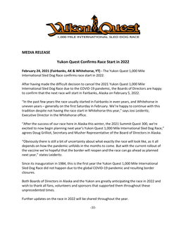MEDIA RELEASE Yukon Quest Confirms Race Start in 2022