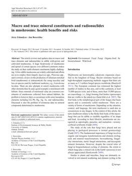 Macro and Trace Mineral Constituents and Radionuclides in Mushrooms: Health Benefits and Risks